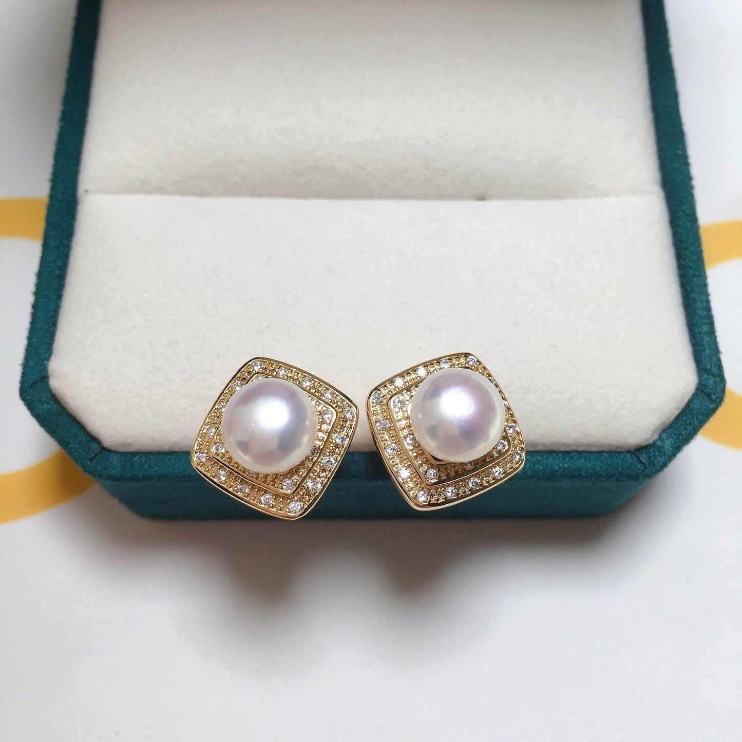 Shiny Dual Square Zircon Freshwater Pearl Earrings