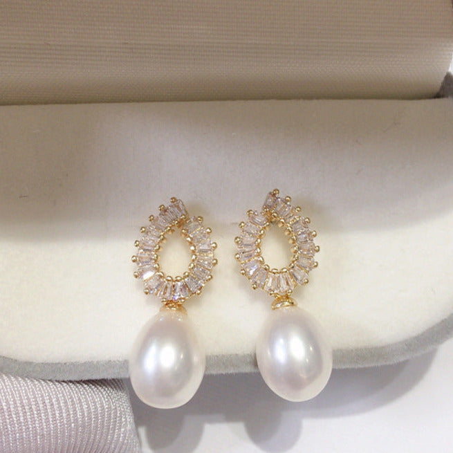 Oval Pearl Zircon Circle Earrings
