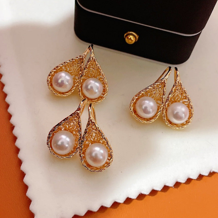 Woven Spoon Pearl Drop Earrings