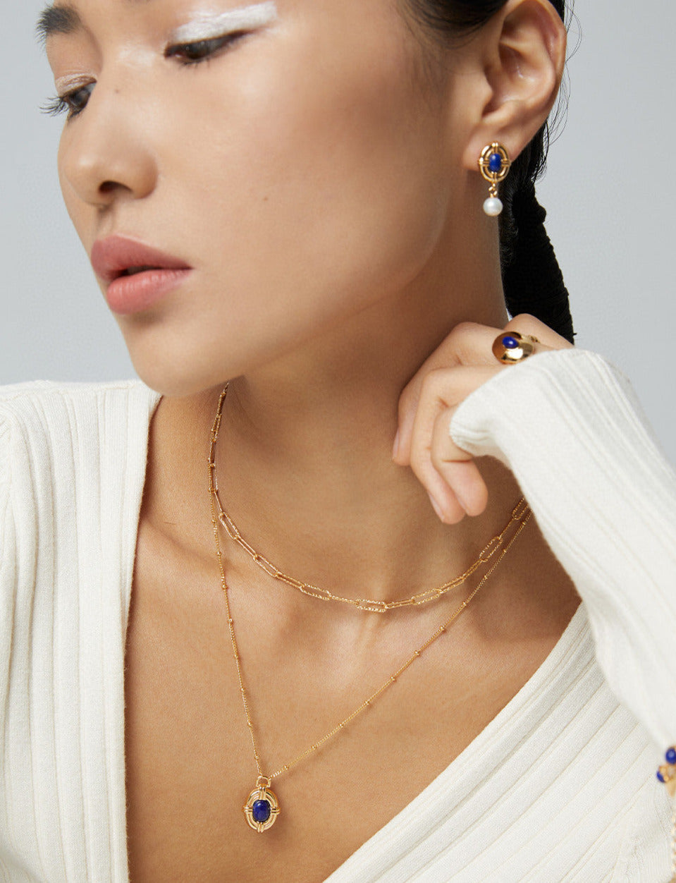 Lapis Lazuli & Pearl Retro Necklace -18k Gold-Filled Silver