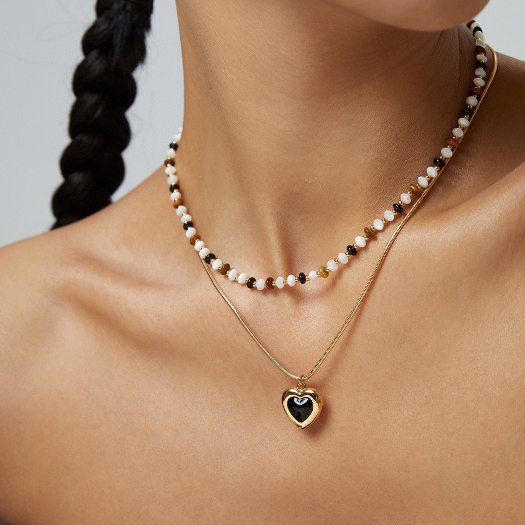 Black Agate Heart Pendant Necklace -18kGold on Silver