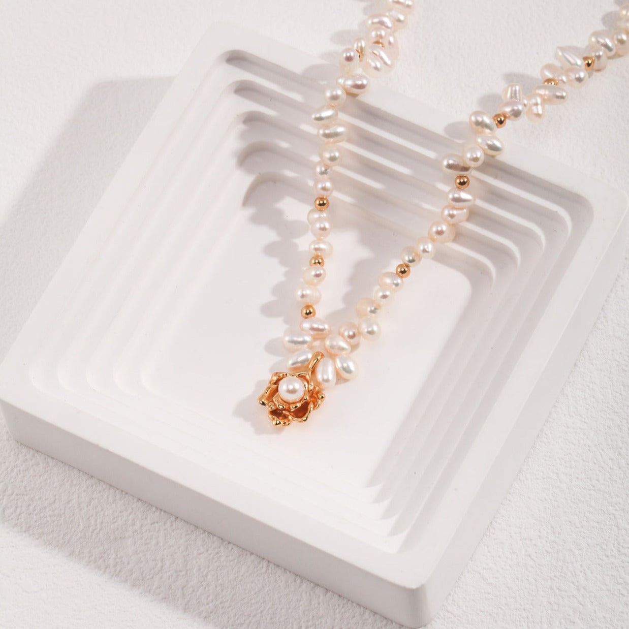 Camellia Pearl Necklace -18k Gold on Silver