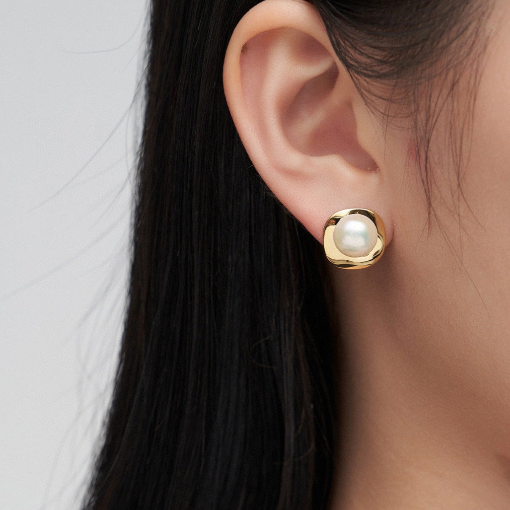 Geometric and Round Pearl Earrings -18kGold on Silver