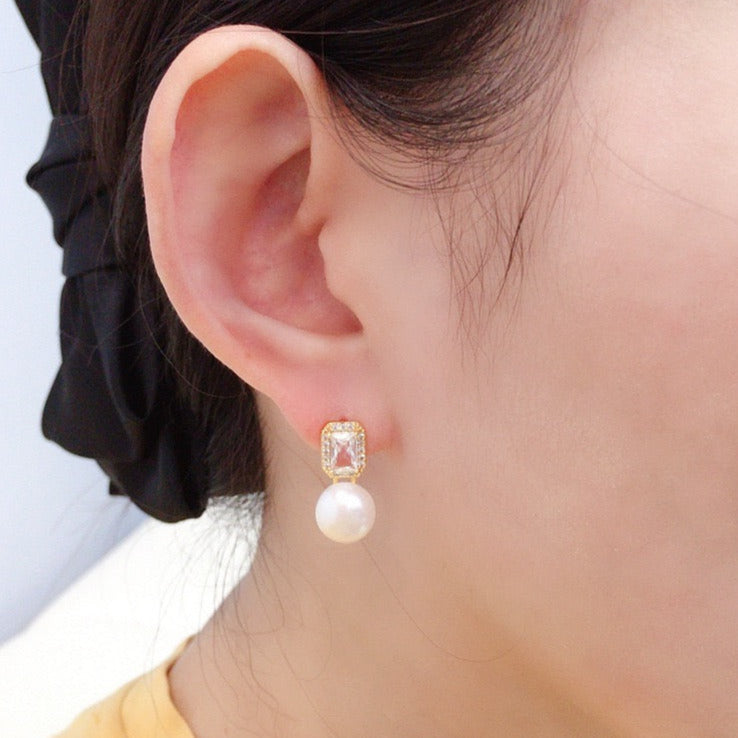 Luxury Square Zircon Freshwater Pearl Stud Earrings