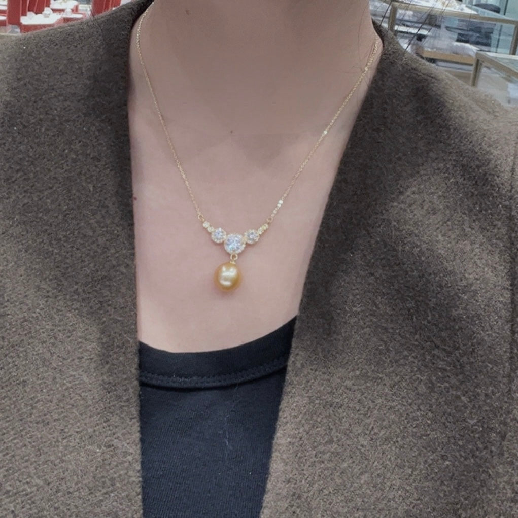 Luxurious Queen Zircon Natural Gold Yellow Pearl Necklace AAA 12-13mm