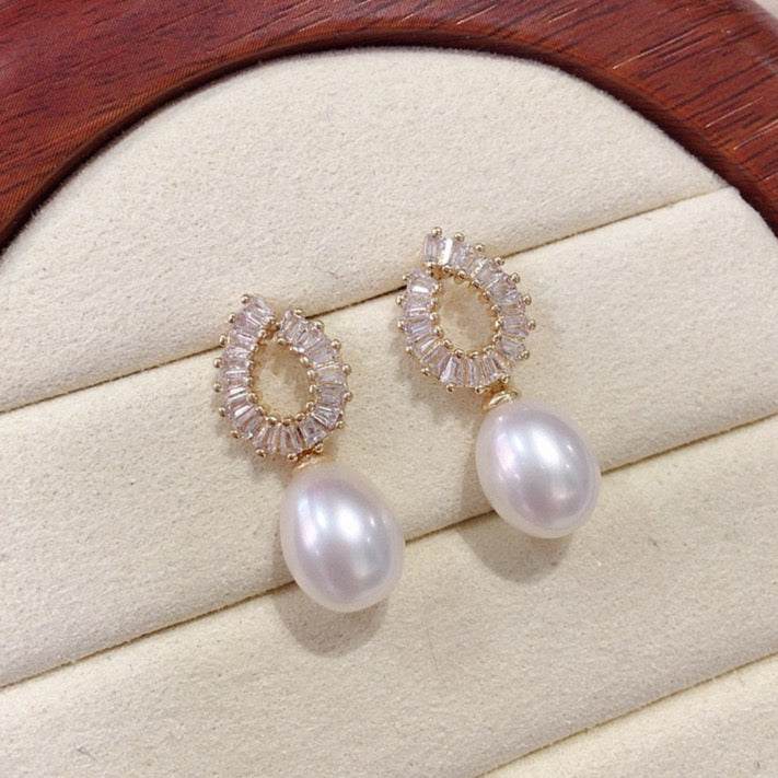 Oval Pearl Zircon Circle Earrings