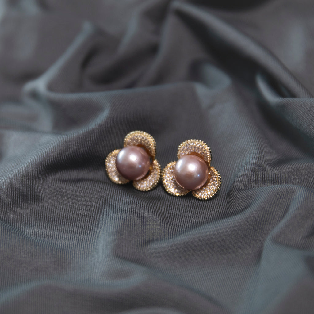 Flower Blossom Zircon Purple Pearl Earrings featuring 12–13mm purple freshwater pearl