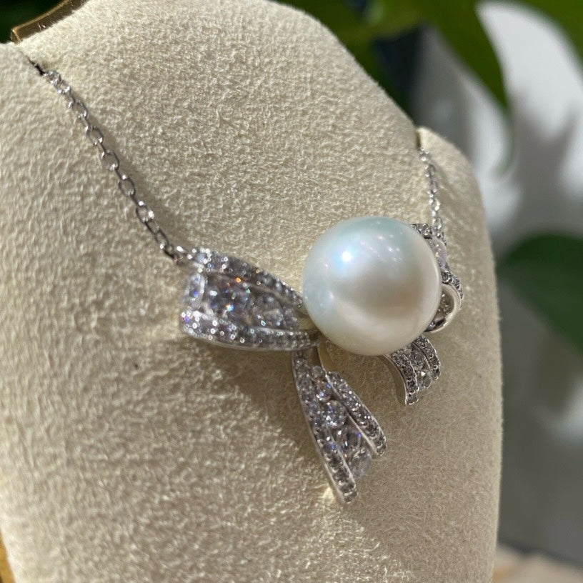 Brilliant Bow Pearl Necklace- AAAA 12mm Freshwater
