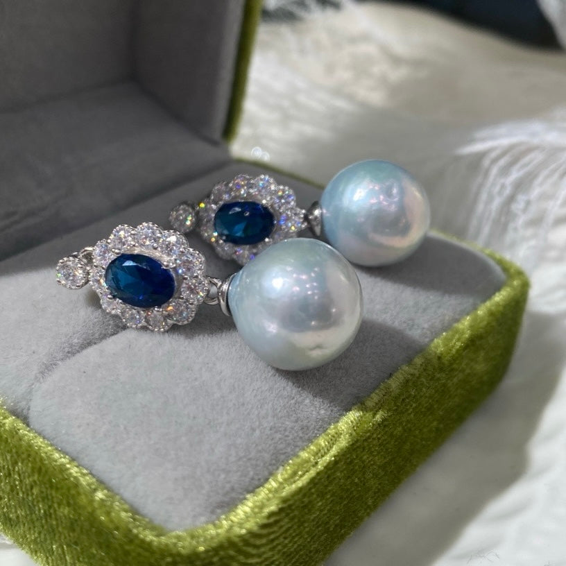 Luxurious Zircon Sapphire Baroque Pearl Drop Earrings