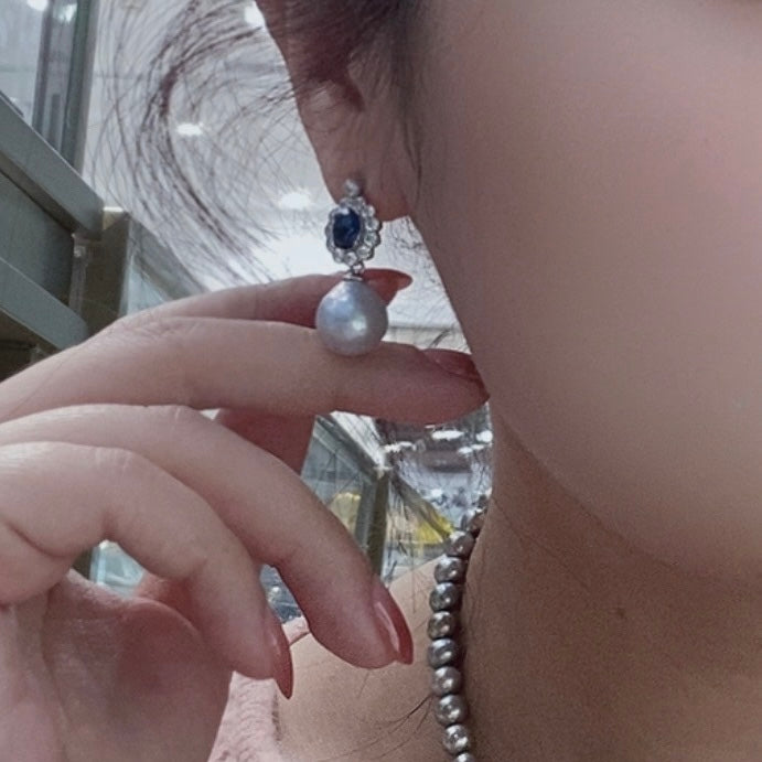 Luxurious Zircon Sapphire Baroque Pearl Drop Earrings