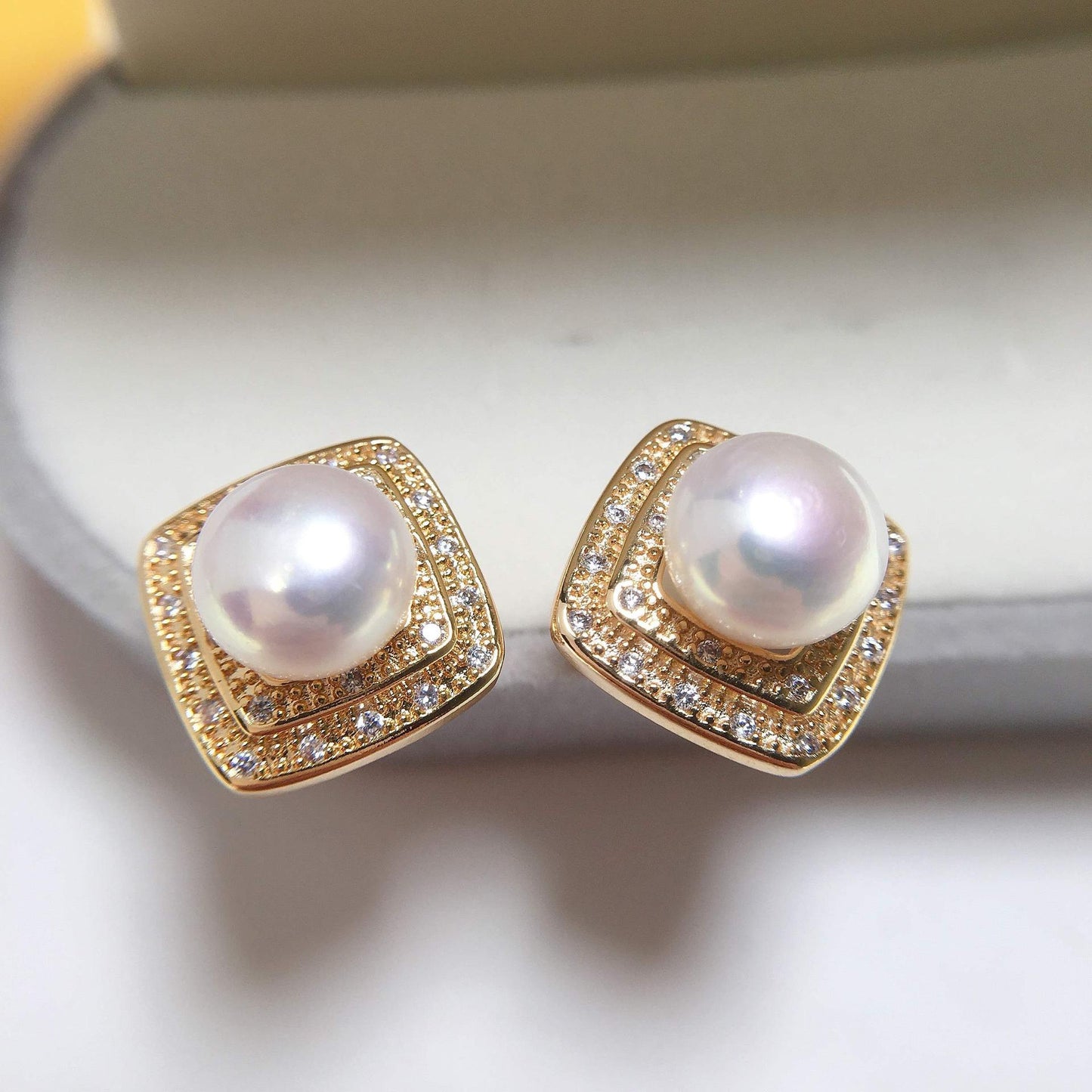 Shiny Dual Square Zircon Freshwater Pearl Earrings