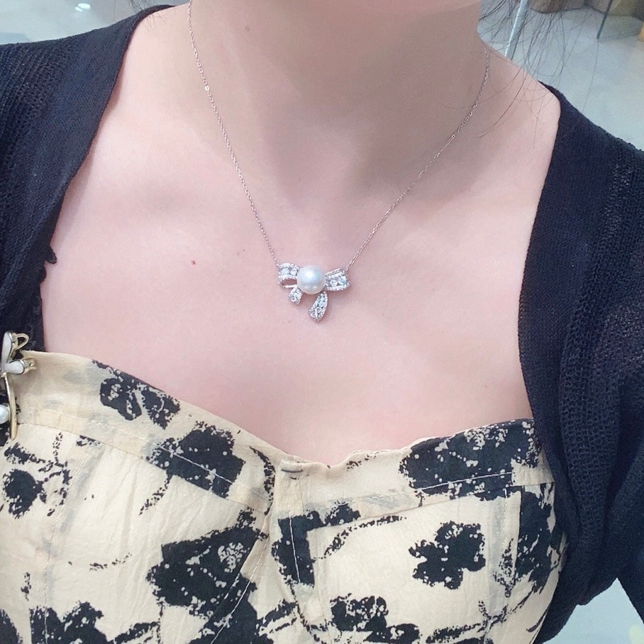 Brilliant Bow Pearl Necklace- AAAA 12mm Freshwater
