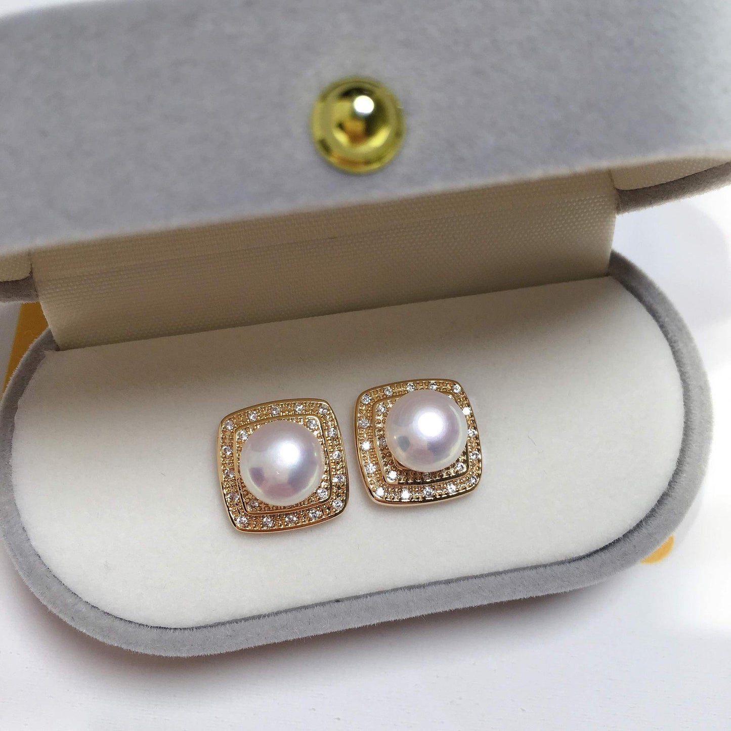 Shiny Dual Square Zircon Freshwater Pearl Earrings