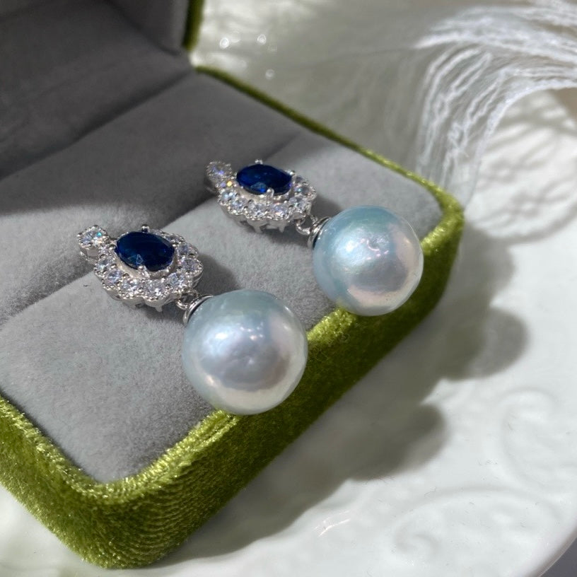 Luxurious Zircon Sapphire Baroque Pearl Drop Earrings