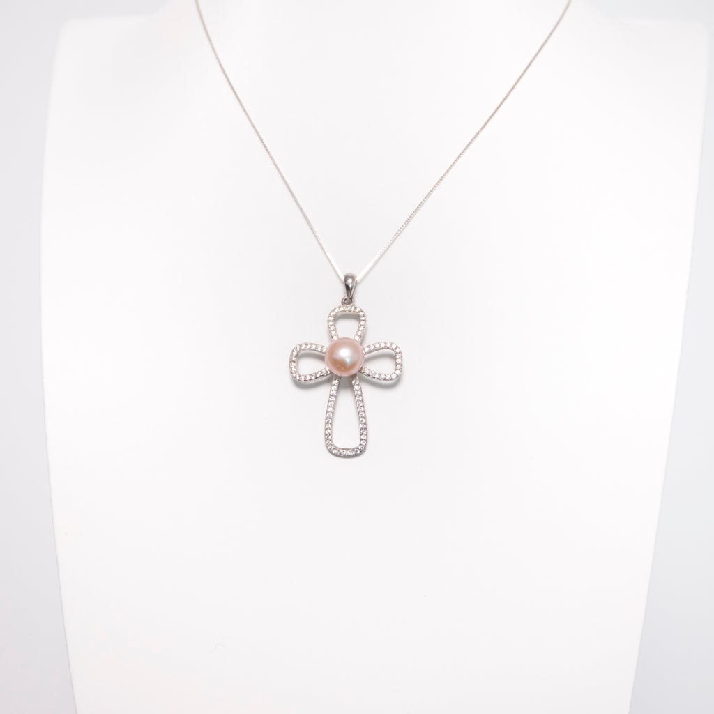 Zircon Cross Pink Pearl Necklace