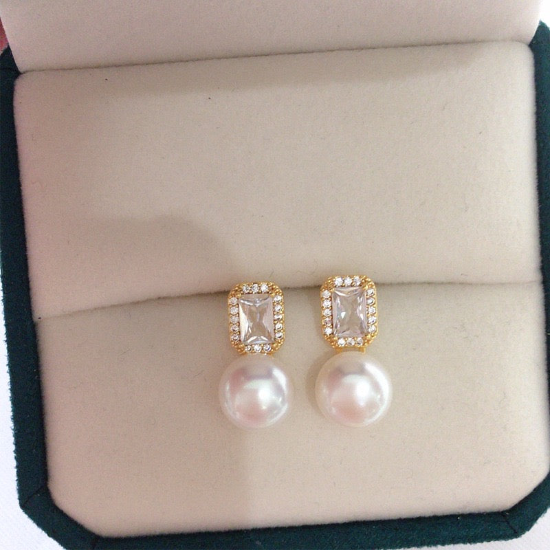 Luxury Square Zircon Freshwater Pearl Stud Earrings