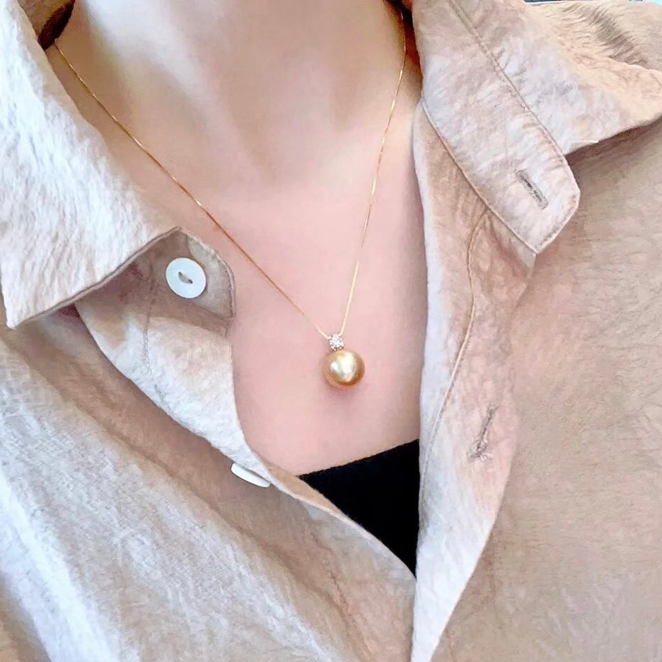 Diana Yellow Pearl Necklace- AAA 14mm Freshwater