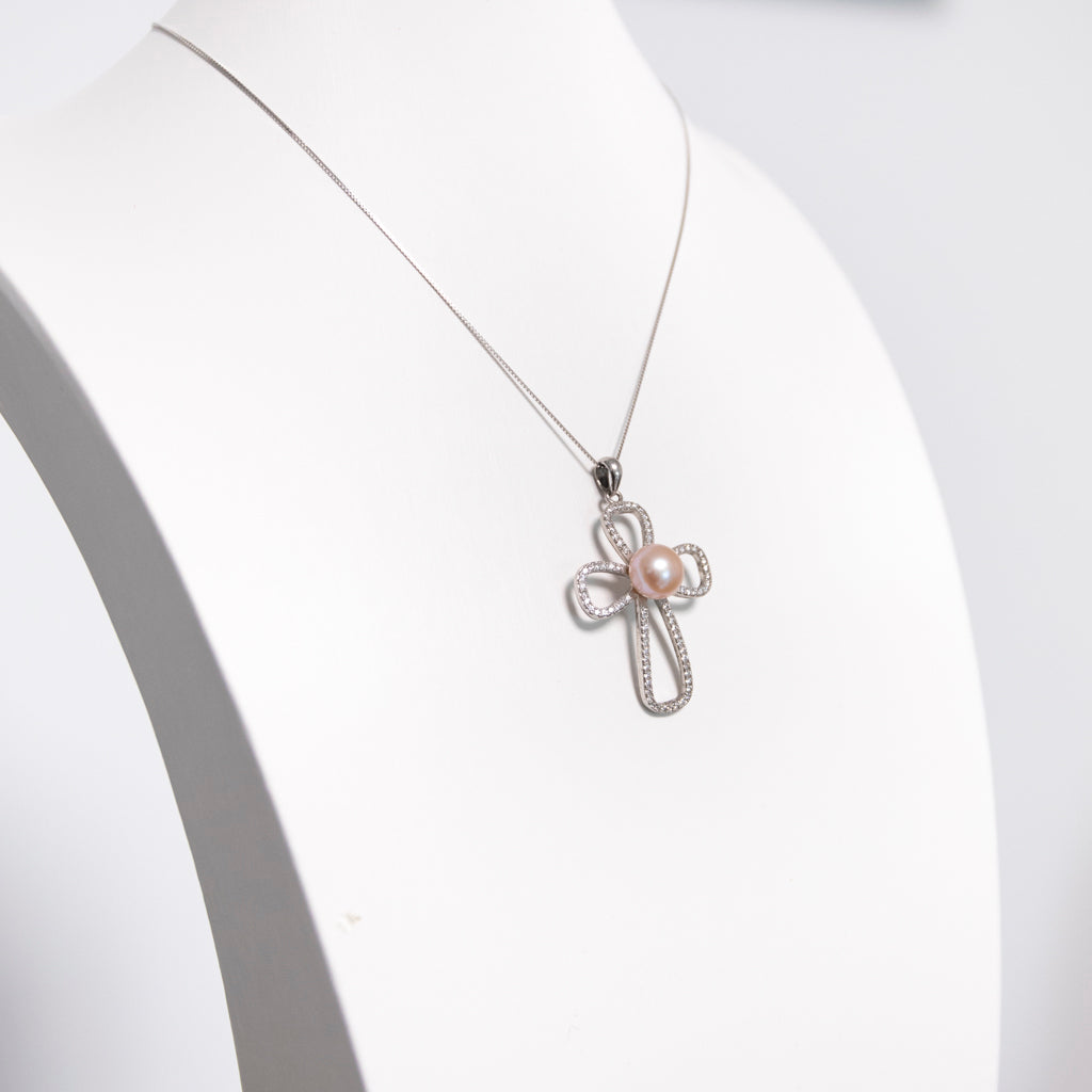 Zircon Cross Pink Pearl Necklace