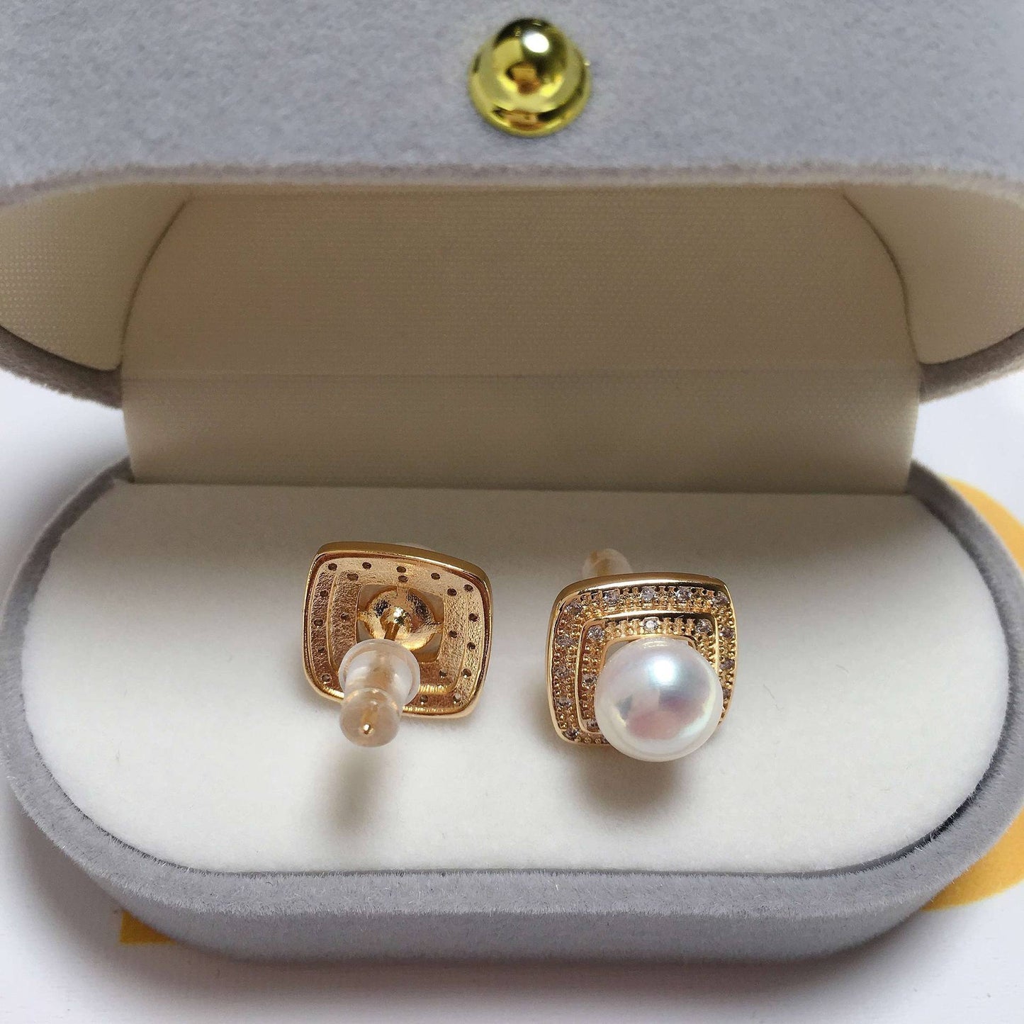 Shiny Dual Square Zircon Freshwater Pearl Earrings