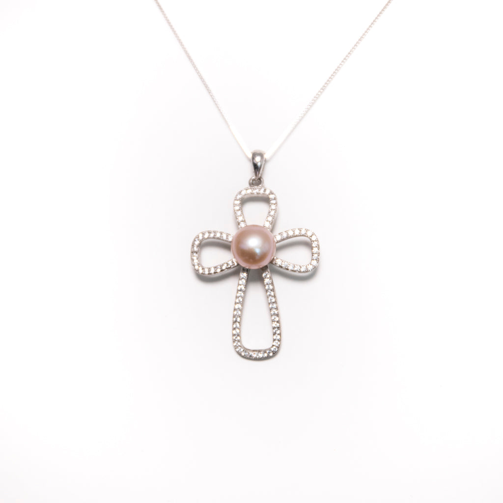 Zircon Cross Pink Pearl Necklace