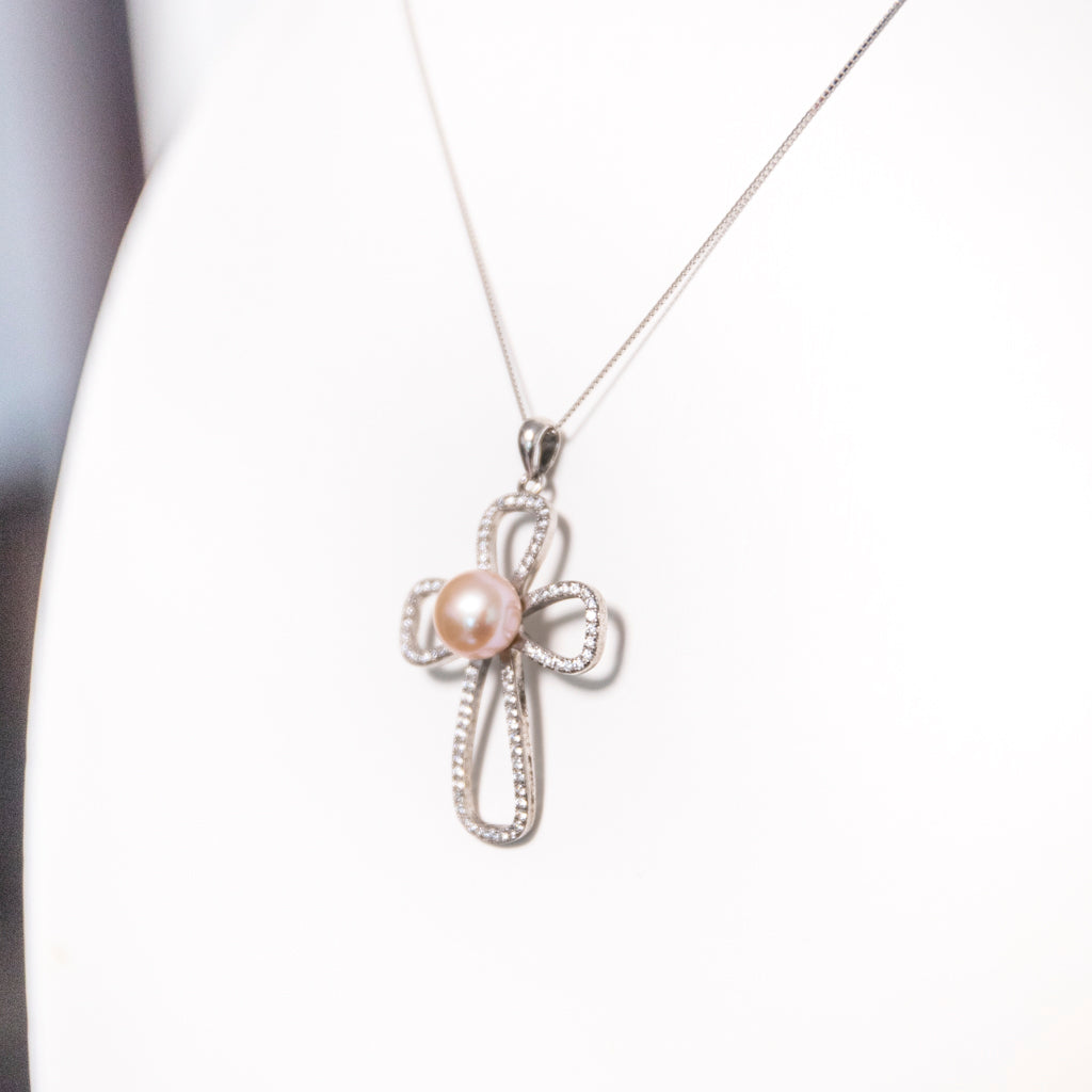 Zircon Cross Pink Pearl Necklace