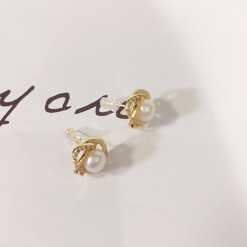 Bird Nest Braided Freshwater Pearl Stud Earrings