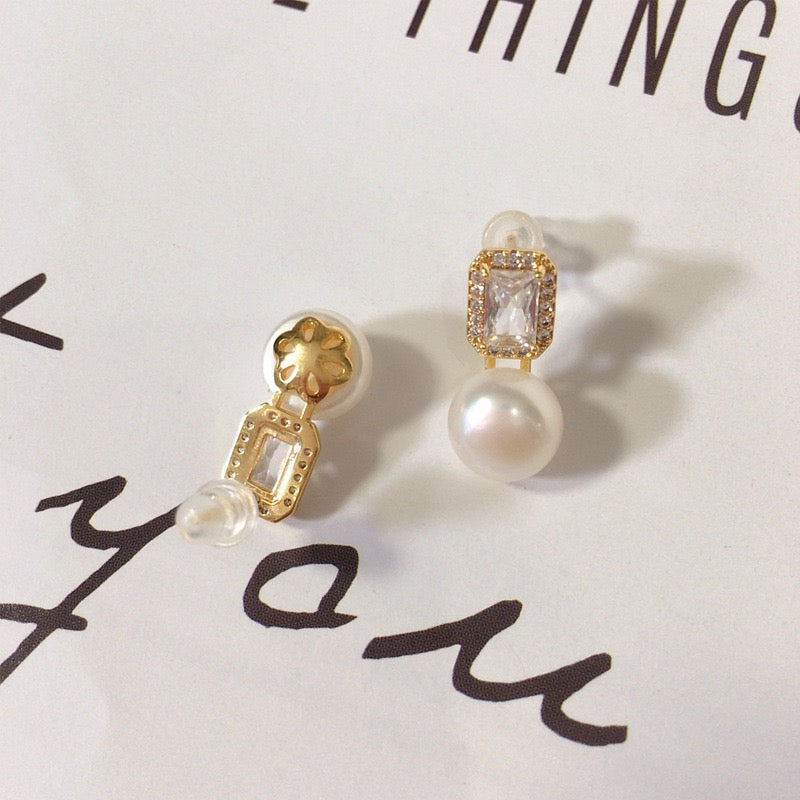 Luxury Square Zircon Freshwater Pearl Stud Earrings