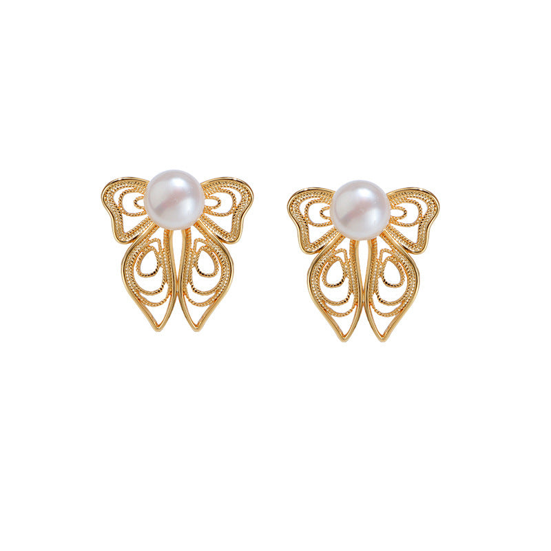 Filigree Hollow Butterfly Pearl Earrings
