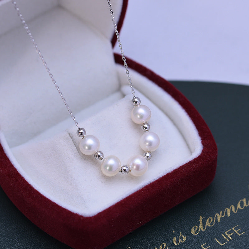 Smile with Gold Beads Three 7mm Freshwater Pearl Necklace