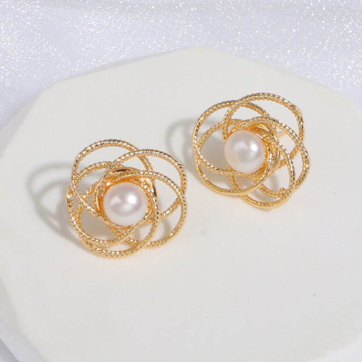 Flower Twisted Petals Pearl Earrings