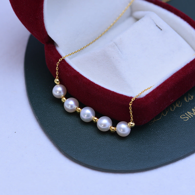 Smile with Gold Beads Three 7mm Freshwater Pearl Necklace