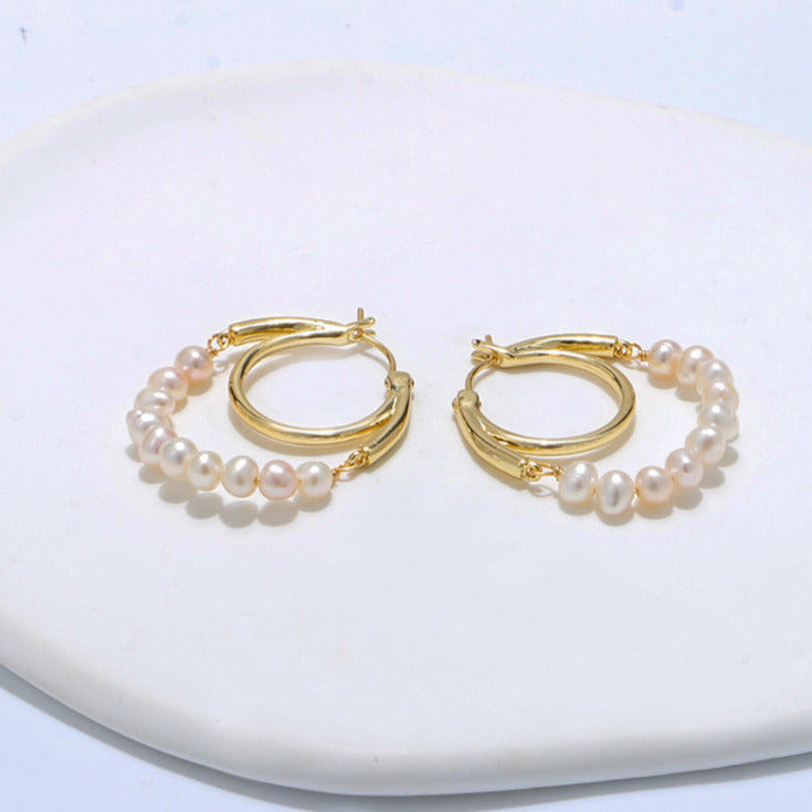 Minimalist Double Pearl Circle Earrings