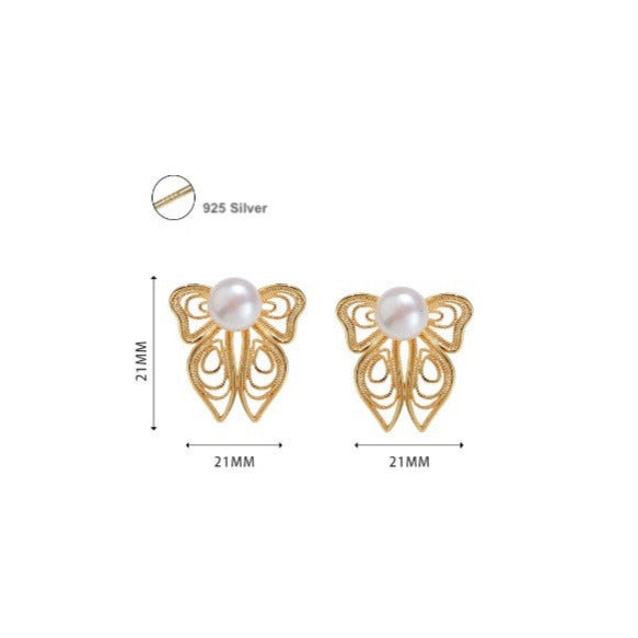 Filigree Hollow Butterfly Pearl Earrings