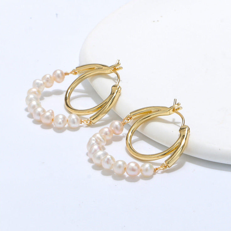 Minimalist Double Pearl Circle Earrings