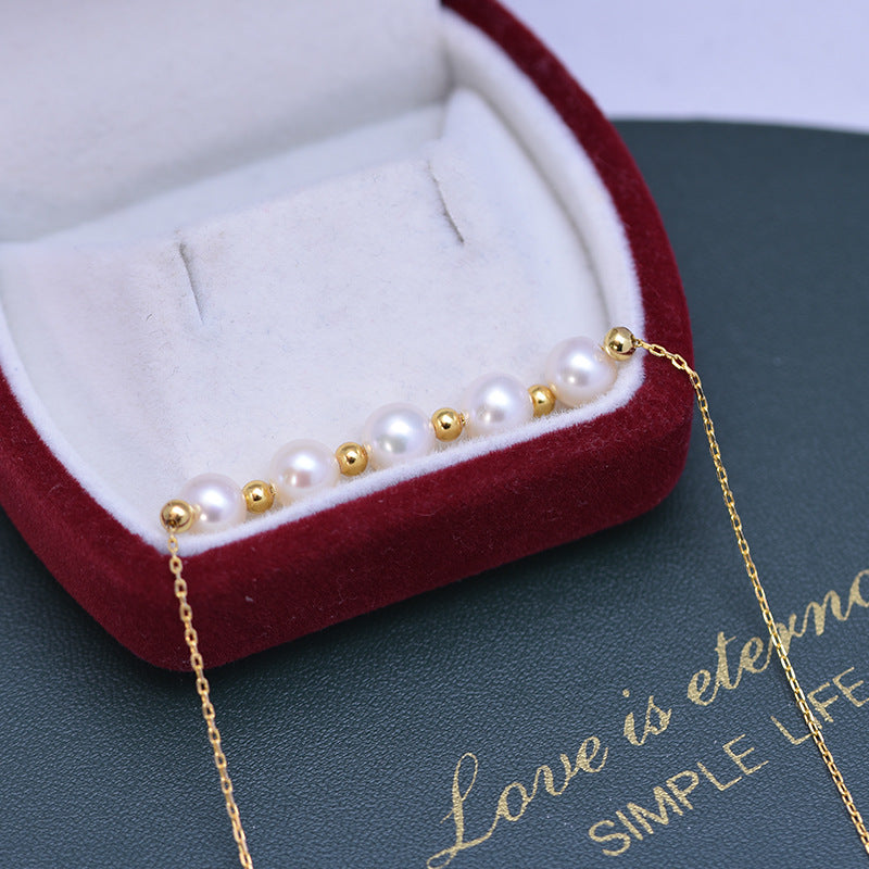 Smile with Gold Beads Three 7mm Freshwater Pearl Necklace
