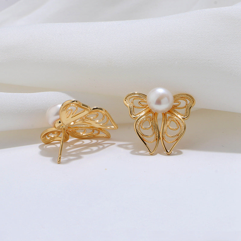 Filigree Hollow Butterfly Pearl Earrings