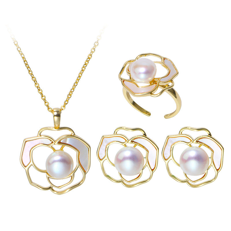 Camellia Pearl Stud Earrings/Necklace/Ring