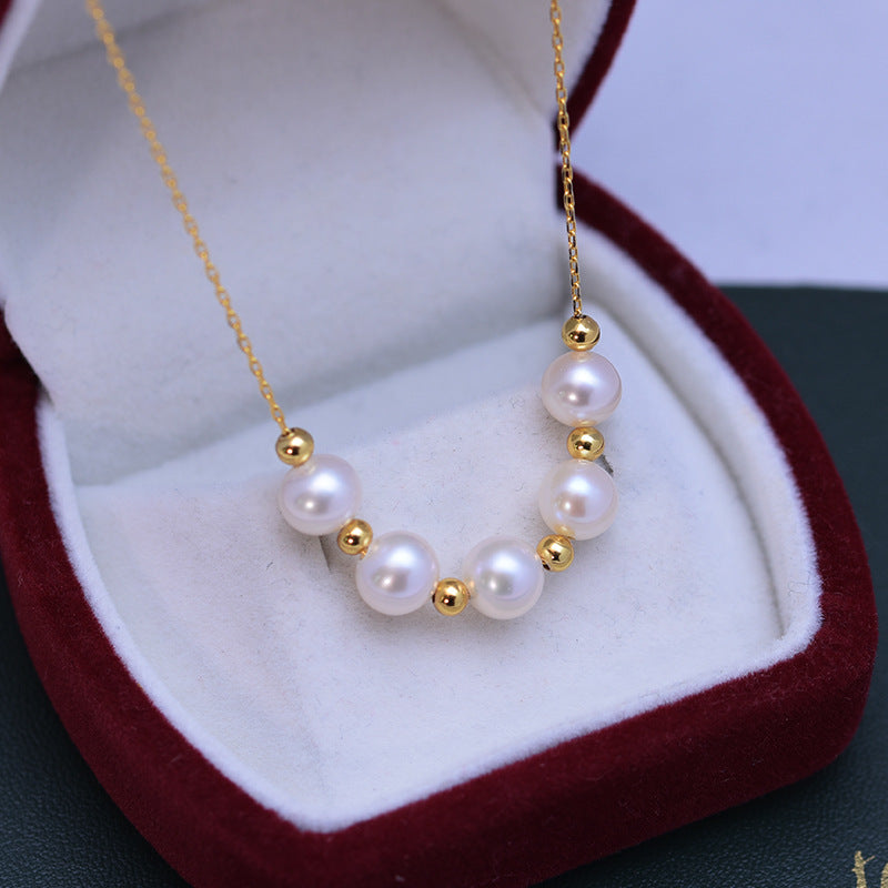 Smile with Gold Beads Three 7mm Freshwater Pearl Necklace