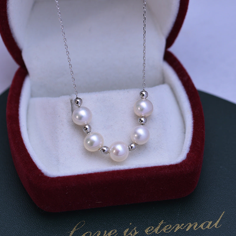 Smile with Gold Beads Three 7mm Freshwater Pearl Necklace
