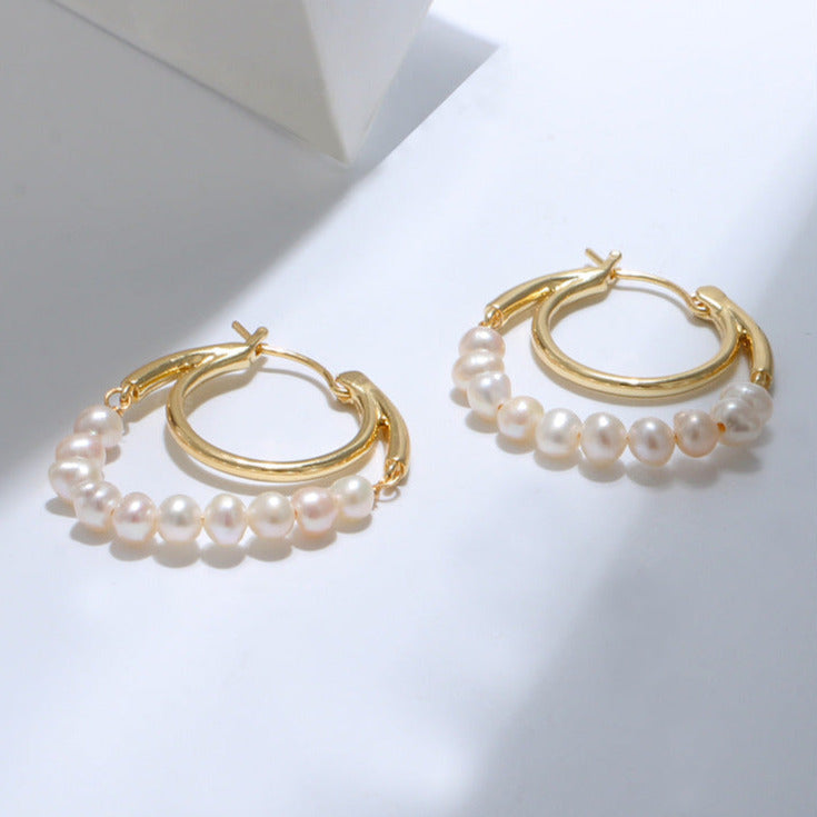 Minimalist Double Pearl Circle Earrings