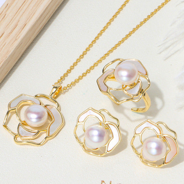 Camellia Pearl Stud Earrings/Necklace/Ring