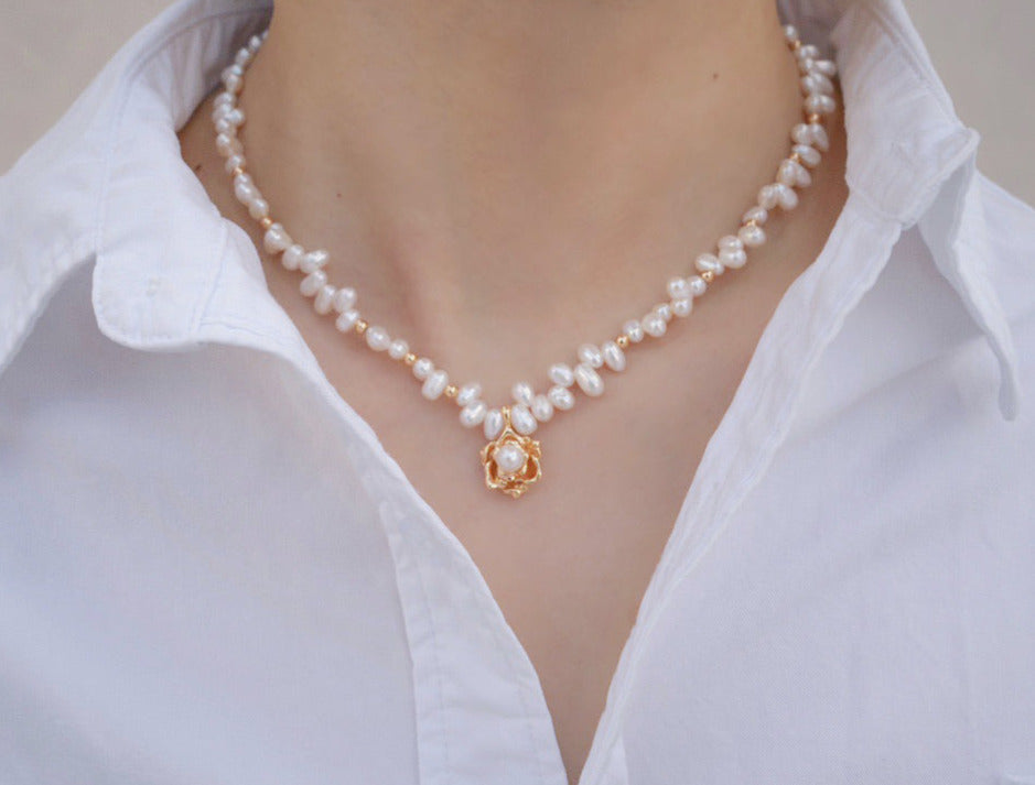 Camellia Pearl Necklace -18k Gold on Silver