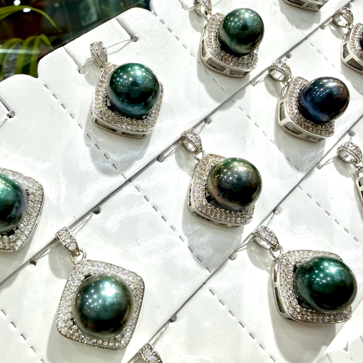 Deep Green Halo Pearl Necklace, 11–12mm featuring 11–12mm deep green freshwater pearl