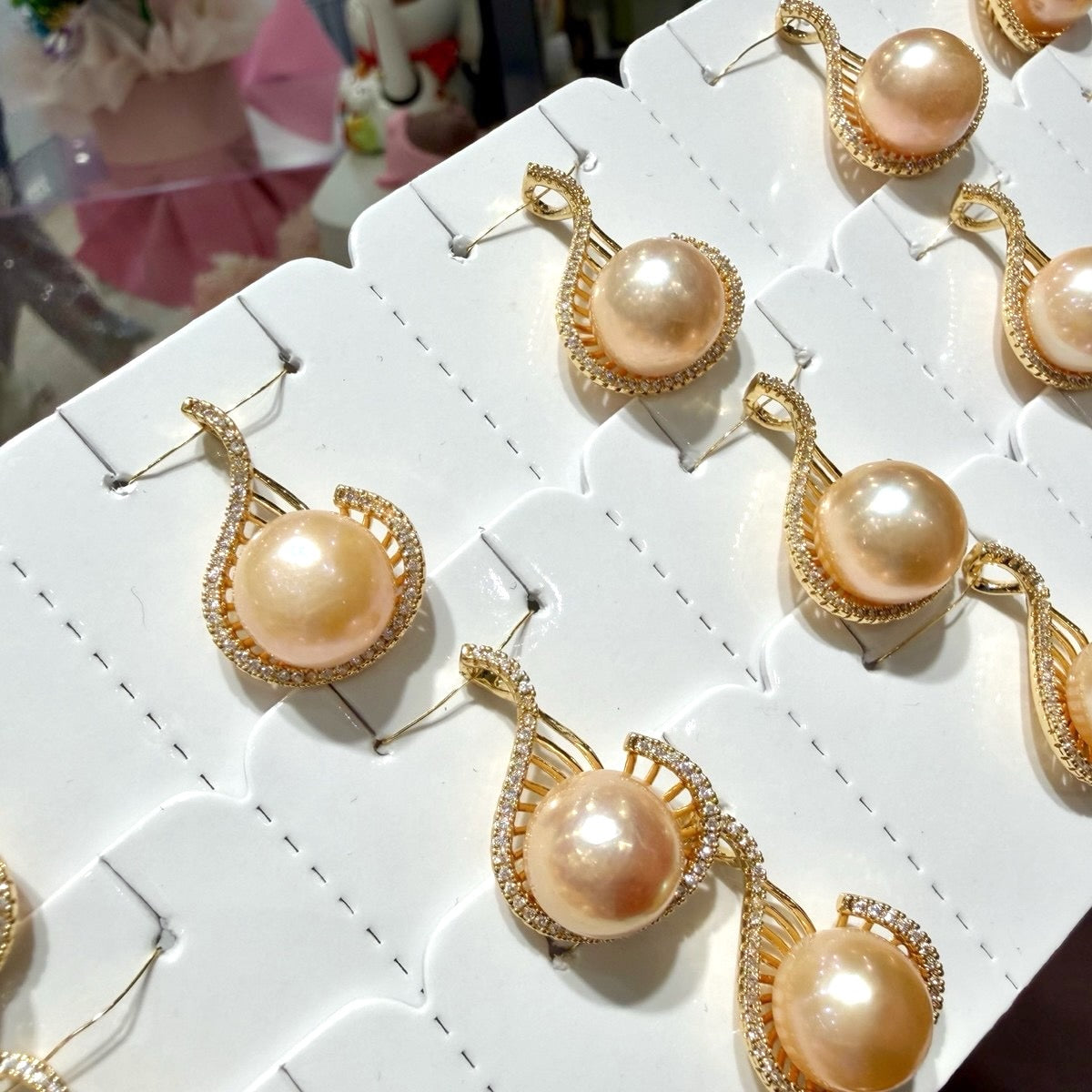 Freshwater Peach Pearl Necklace with Curved Zircon Accent,, 12β13mm featuring 12β13mm peach freshwater pearl
