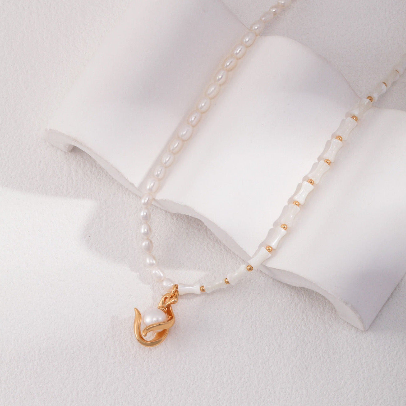 Orchid Bamboo Pearl Necklace-18k Gold on Silver