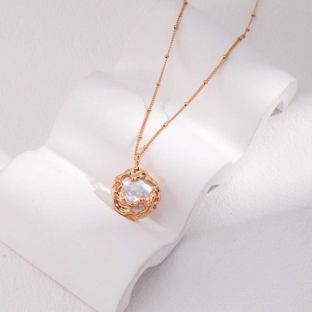 Round Button Baroque Pearl Necklace- 18k Gold Filled Silver