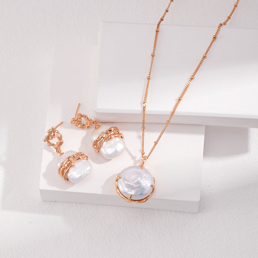 Round Button Baroque Pearl Necklace- 18k Gold Filled Silver