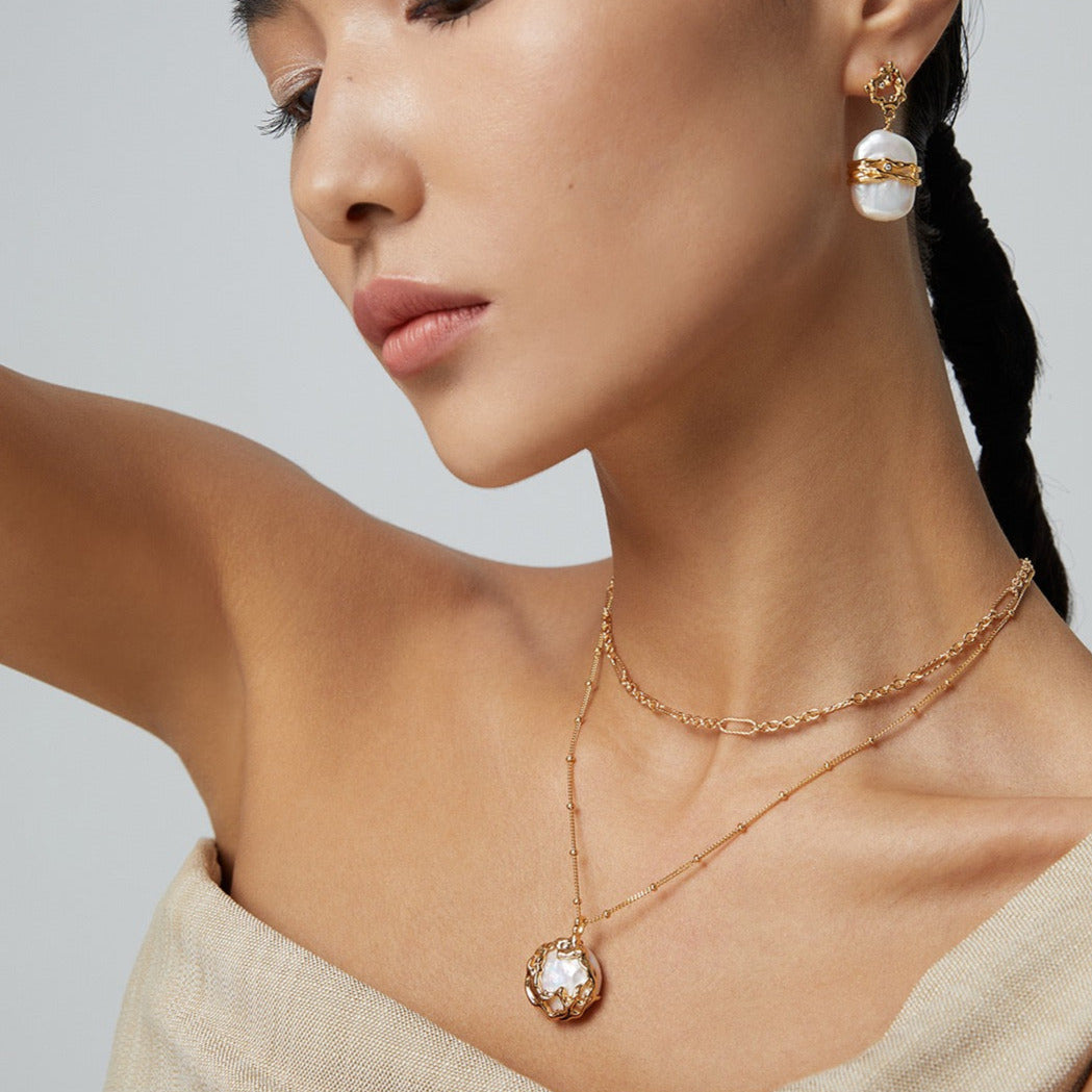 Round Button Baroque Pearl Necklace- 18k Gold Filled Silver