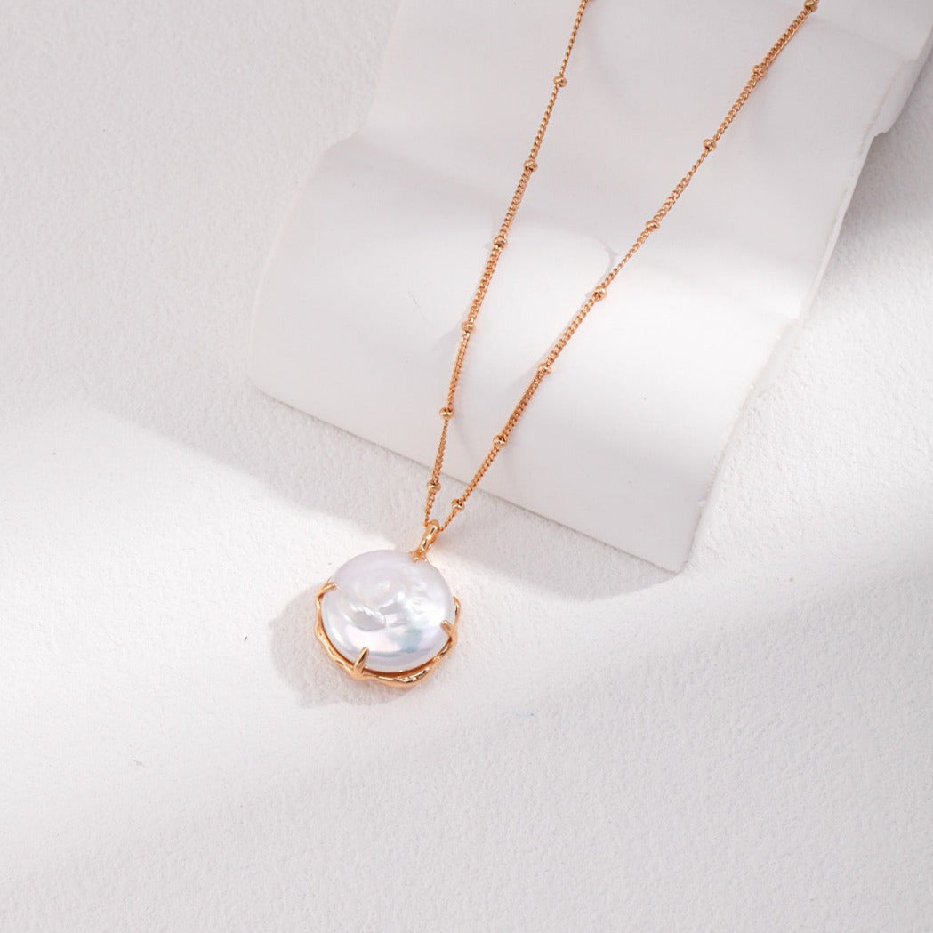 Round Button Baroque Pearl Necklace- 18k Gold Filled Silver