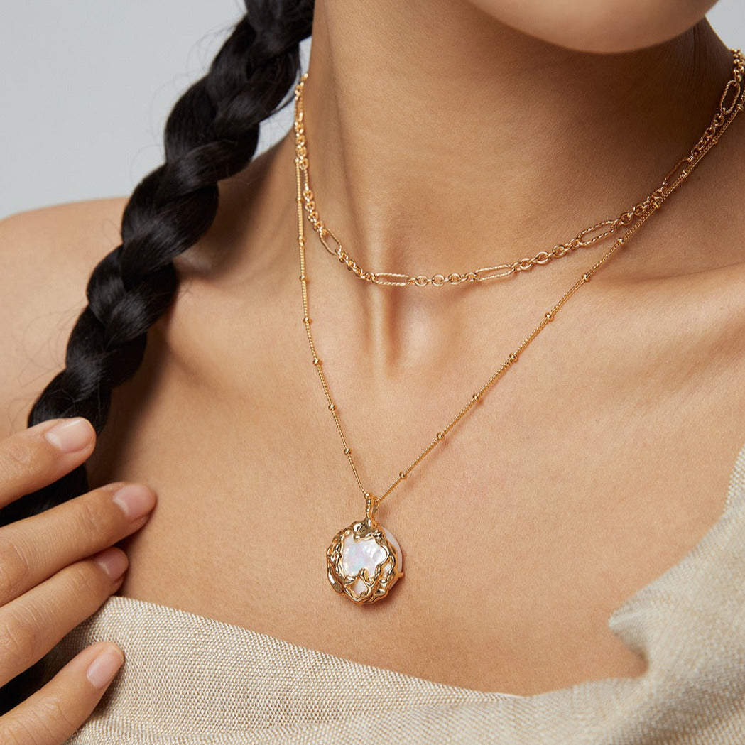 Round Button Baroque Pearl Necklace- 18k Gold Filled Silver